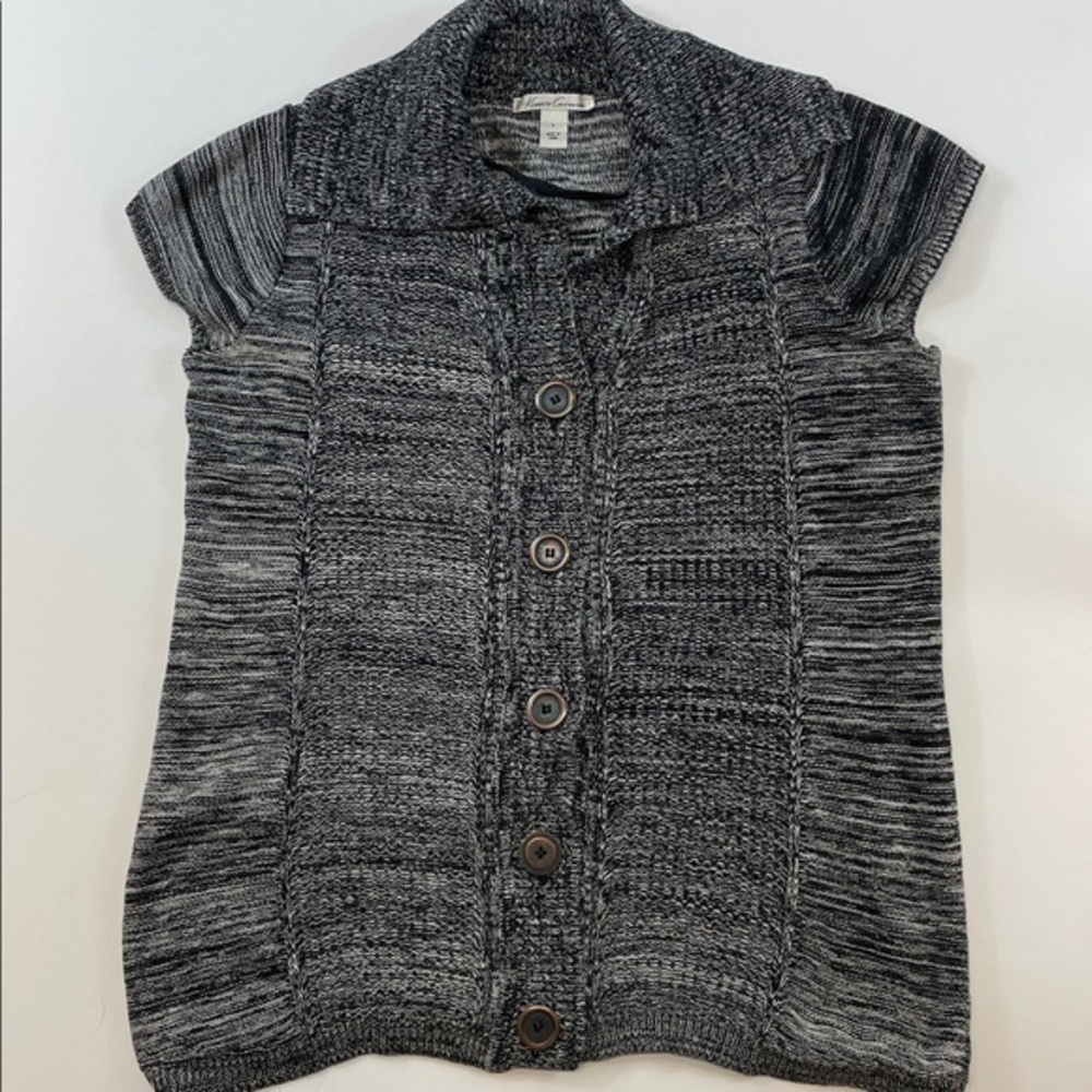 Kenneth Cole Black White Marled Short Sleeve Cardigan Sweater Women’s Sz L